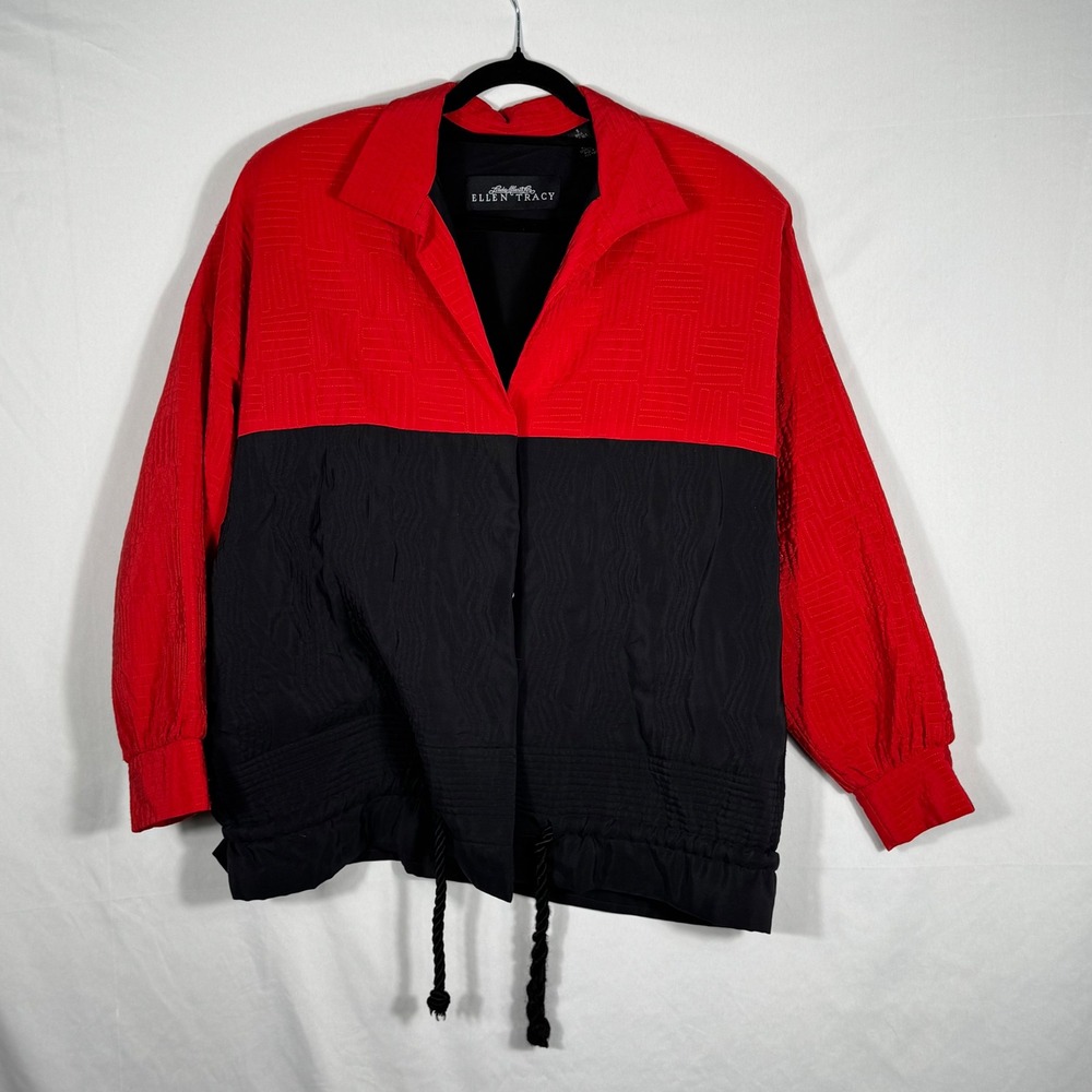 Ellen Tracy Silk Blend Color Block Jacket Red Black Drawstring Size S